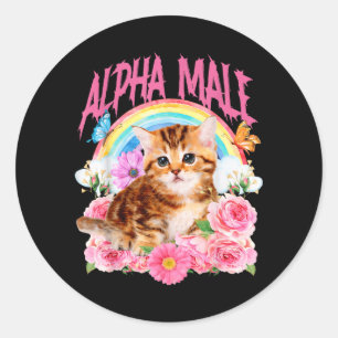 Alpha Male Funny Cat Kitten Rainbow Floral Classic Round Sticker