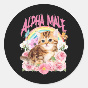 Alpha Male Funny Kitten Rainbow Floral Cat Meme Classic Round Sticker