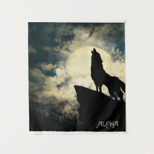 Alpha Wolf Howling At The Full Moon At Night  Tapestry