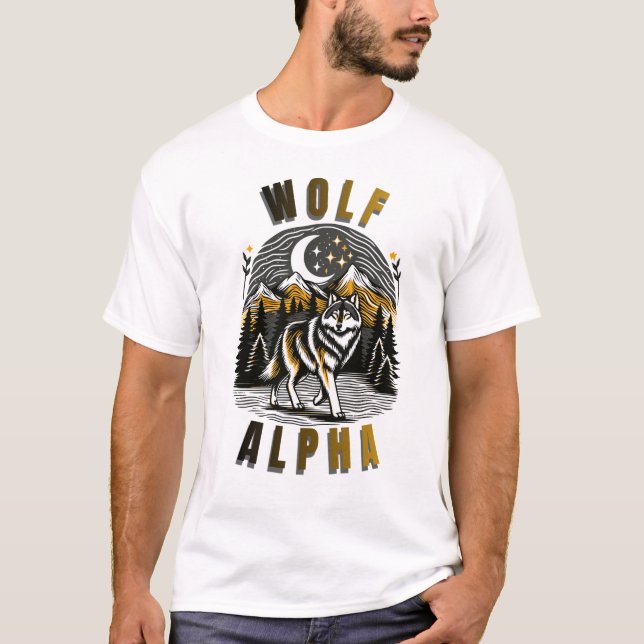 Alpha Wolf Mountain Night Design T-Shirt (Front)