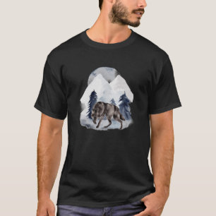 Alpha Wolf Watercolor Snow Mountains Winter Moon W T-Shirt