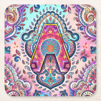 Alphabet A mandala Square Paper Coaster