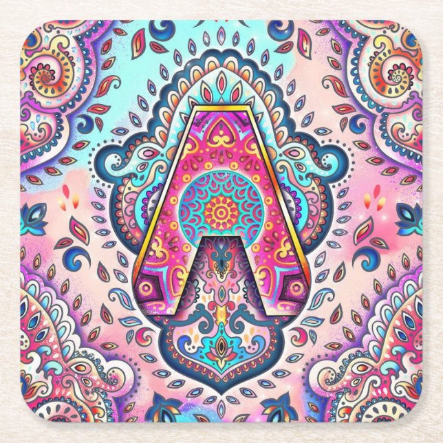 Alphabet A mandala Square Paper Coaster (Front)