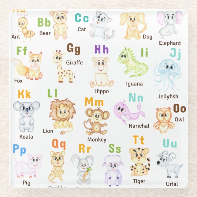 Alphabet Animal ABC Cute animals  Glass Coaster (Front)