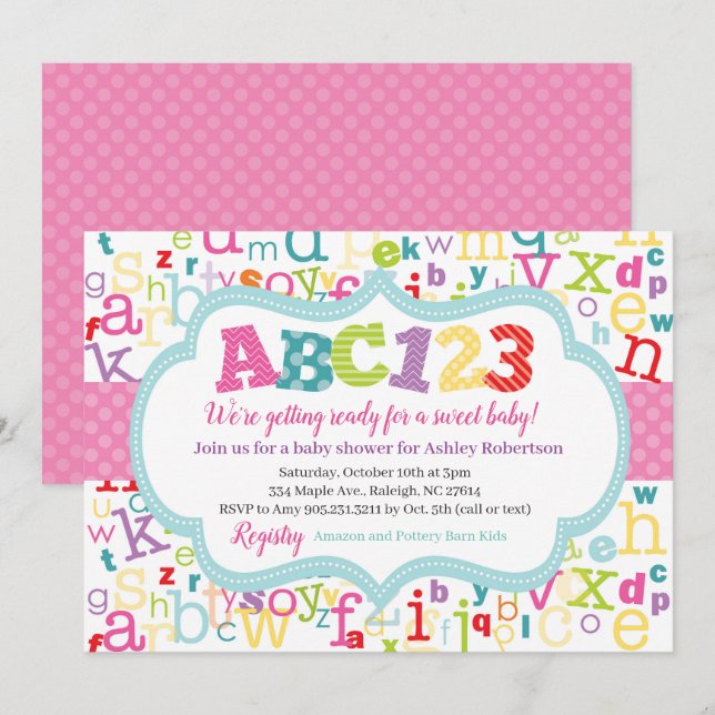 Alphabet Baby Girl Shower Invitation (Front/Back)