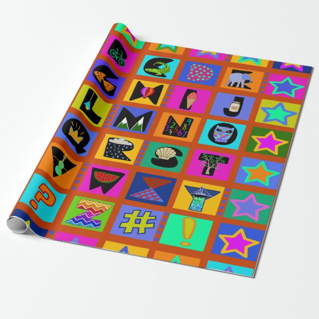 Alphabet Colourful Gift Wrapping Paper - Red Blue (Unrolled)