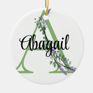 Alphabet letter A, watercolor Lavender Eucalyptus  Ceramic Ornament