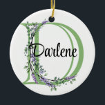 Alphabet letter D, watercolor Lavender botanical Ceramic Ornament<br><div class="desc">A romantic and elegant design with monogrammed alphabet letter "D" framed by eucalyptus and lavender and dragonfly painted in watercolors. To get started changing the name, click on "Personalize this template" and edit the wording in the template boxes. To access the more advanced editing tools, scroll down to "Click to...</div>