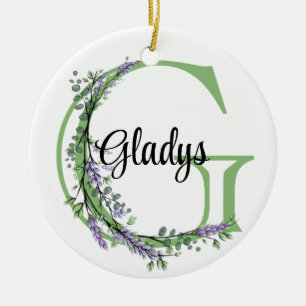 Alphabet letter G, watercolor Lavender botanical Ceramic Ornament