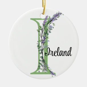 Alphabet letter I, watercolor Lavender botanical Ceramic Ornament