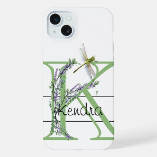 Alphabet letter K, watercolor Lavender Dragonfly iPhone 15 Plus Case