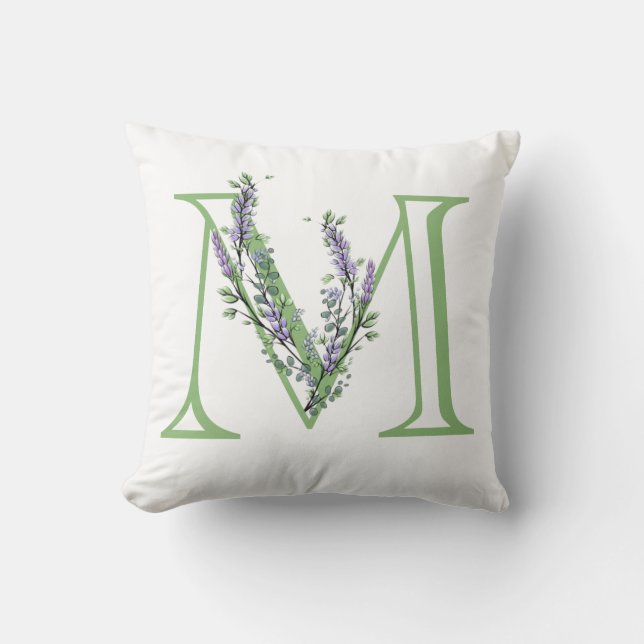 Alphabet letter M Lavender Eucalyptus Throw Pillow (Front)