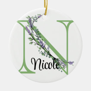 Alphabet letter N, watercolor Lavender botanical Ceramic Ornament