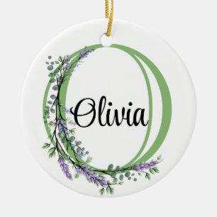 Alphabet letter O, watercolor Lavender botanical Ceramic Ornament