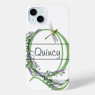 Alphabet letter Q, watercolor Lavender Dragonfly iPhone 15 Mini Case