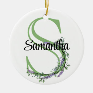Alphabet letter S, watercolor Lavender botanical Ceramic Ornament