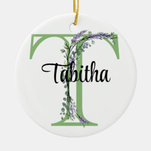 Alphabet letter T, watercolor Lavender botanical Ceramic Ornament