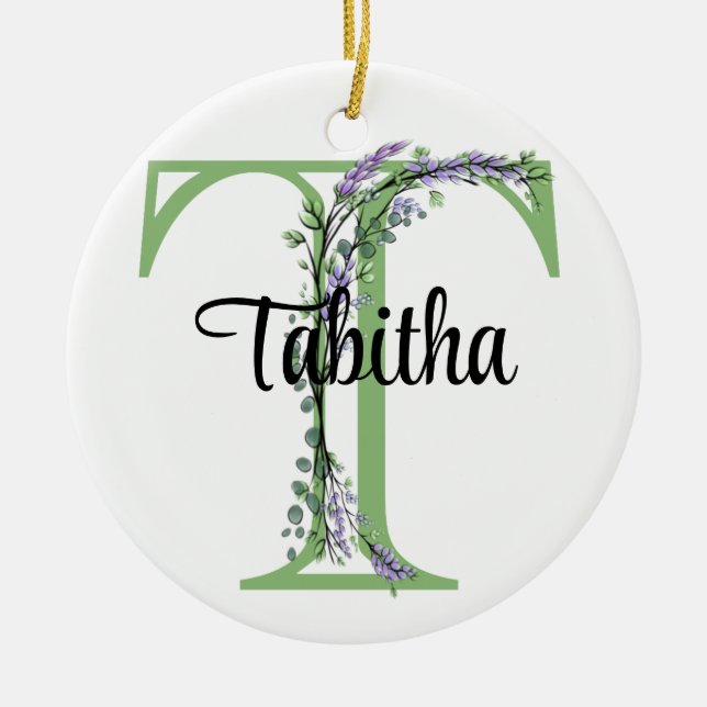Alphabet letter T, watercolor Lavender botanical Ceramic Ornament (Front)