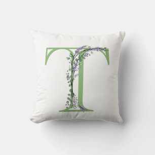 Alphabet letter T watercolor Lavender Eucalyptus Throw Pillow