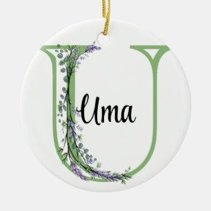Alphabet letter U, watercolor Lavender botanical Ceramic Ornament