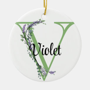 Alphabet letter V, watercolor Lavender botanical Ceramic Ornament