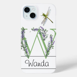 Alphabet letter W, watercolor Lavender Dragonfly iPhone 15 Mini Case