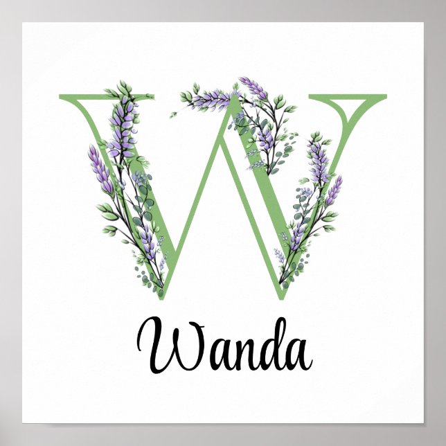 Alphabet letter W watercolor Lavender Eucalyptus   Poster (Front)