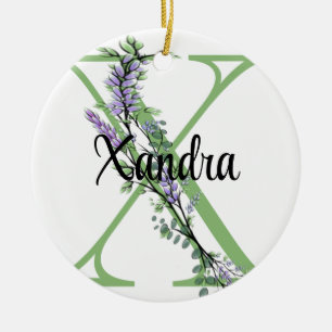 Alphabet letter X, watercolor Lavender botanical Ceramic Ornament
