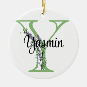 Alphabet letter Y, watercolor Lavender botanical Ceramic Ornament
