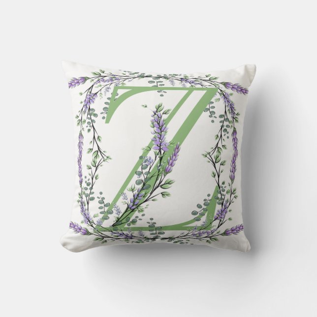 Alphabet letter Z Lavender Eucalyptus watercolor Throw Pillow (Front)