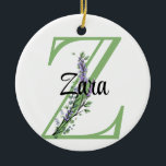 Alphabet letter Z, watercolor Lavender botanical Ceramic Ornament<br><div class="desc">A romantic and elegant design with monogrammed alphabet letter "Z" framed by eucalyptus and lavender and dragonfly painted in watercolors. To get started changing the name, click on "Personalize this template" and edit the wording in the template boxes. To access the more advanced editing tools, scroll down to "Click to...</div>