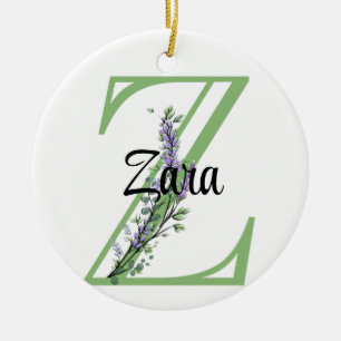 Alphabet letter Z, watercolor Lavender botanical Ceramic Ornament