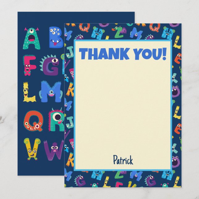 Alphabet Monsters Birthday Party ABC Thank You Invitation (Front/Back)