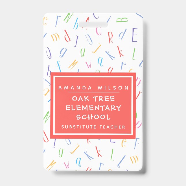 Alphabet Pattern - Elementary School Teacher Name Badge (Front)