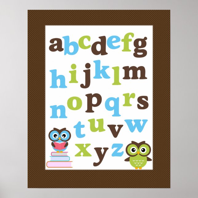 Alphabet Poster for Nursery Blue Green Owls (Front)
