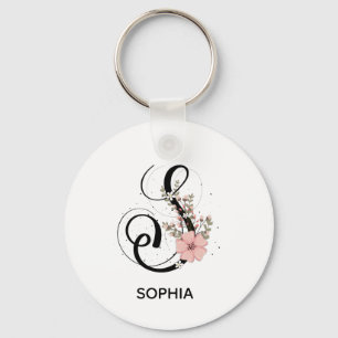 Alphabet Script Letter S Floral Monogram Flower Keychain