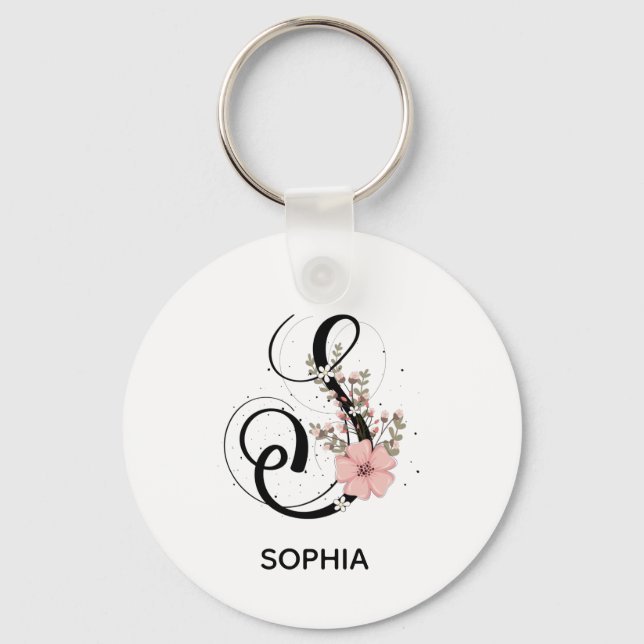 Alphabet Script Letter S Floral Monogram Flower Keychain (Front)