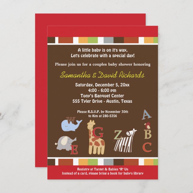 Alphabet Soup Jungle Baby Shower Invite (Brown) (Front/Back)