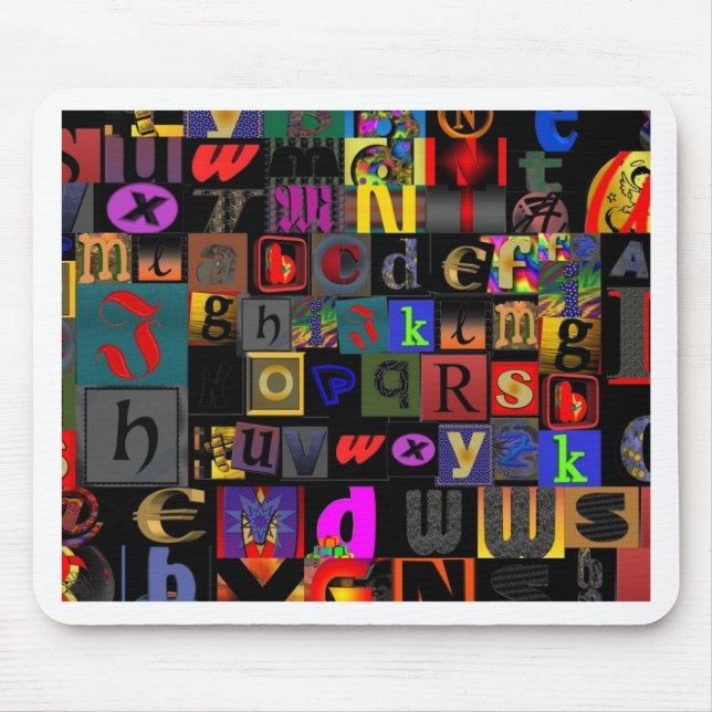 Alphabet Soup, mosaic letters design, fun colourfu Mouse Pad (Front)