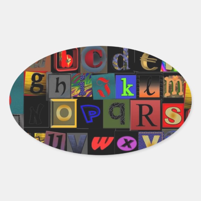 Alphabet Soup, mosaic letters design, fun colourfu Oval Sticker (Front)