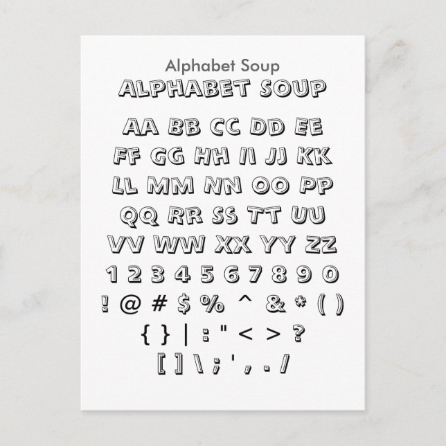 Alphabet Soup - Zazzle Font Sampler Sheet Postcard (Front)