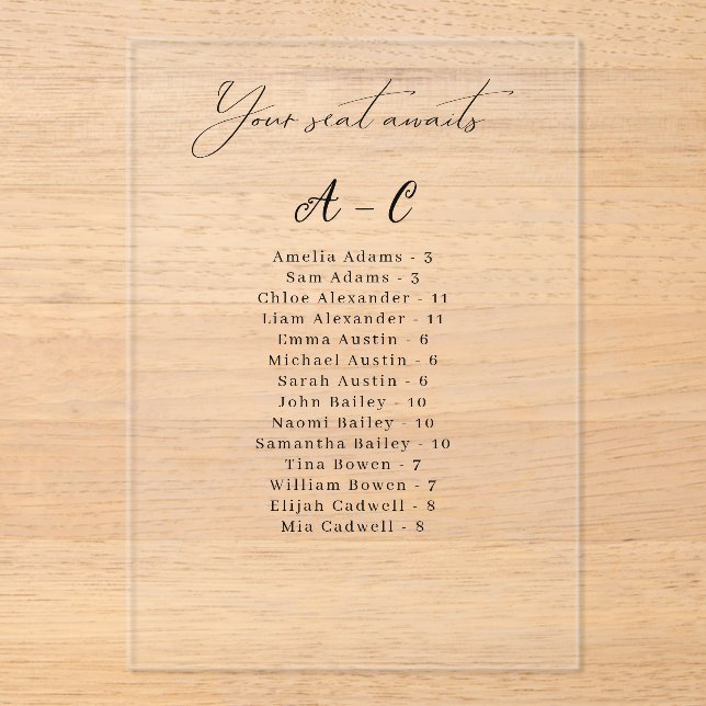 Alphabetical Guest List Acrylic Seating Card Acrylic Invitations (Front)