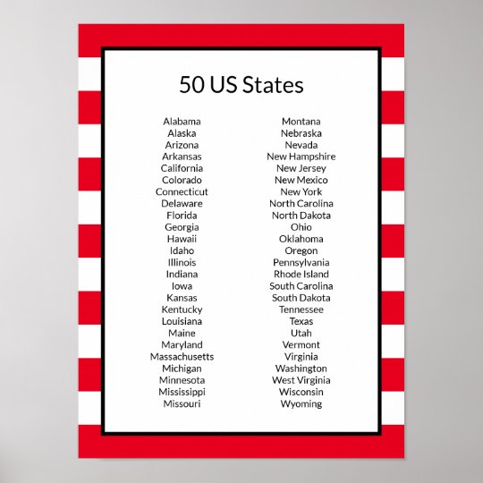 Alphabetical List Of 50 Us States Poster Zazzle Ca