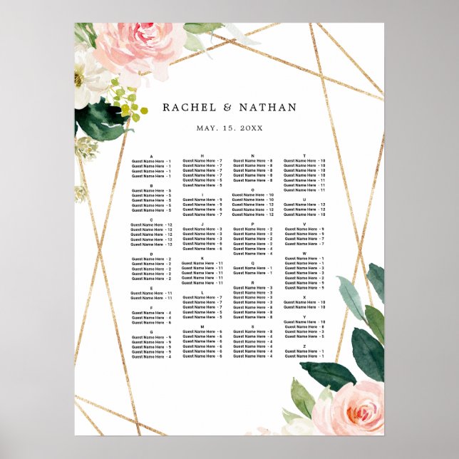 ALPHABETICAL Order Floral Wedding Seating Chart (Front)