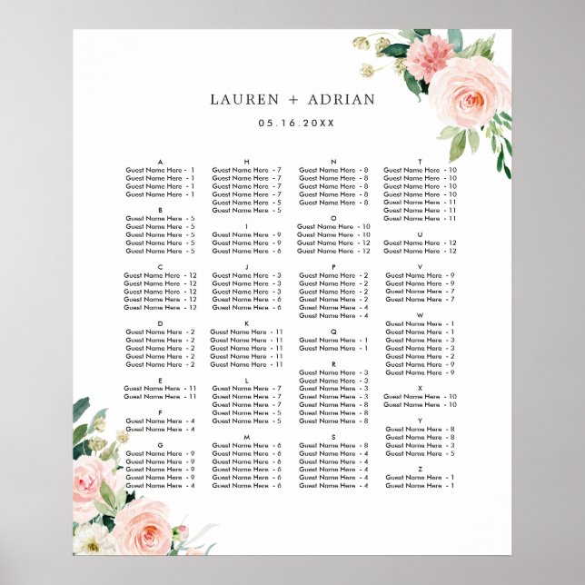 ALPHABETICAL ORDER Wedding Seating Chart (Front)