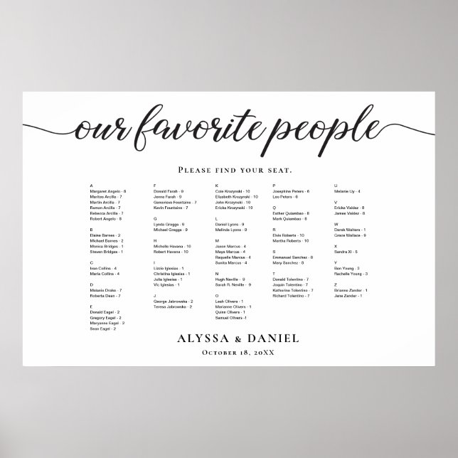 Alphabetical Our Favourite People Wedding Poster (Front)
