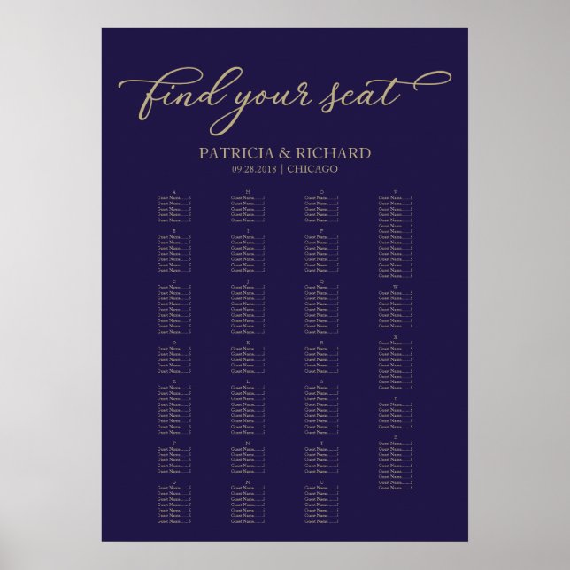 Alphabetical Seating Chart Elegant Gold Navy Blue (Front)