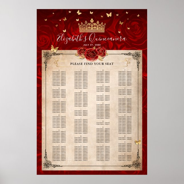 Alphabetical Vintage Red Rose Gold Seating Charts (Front)