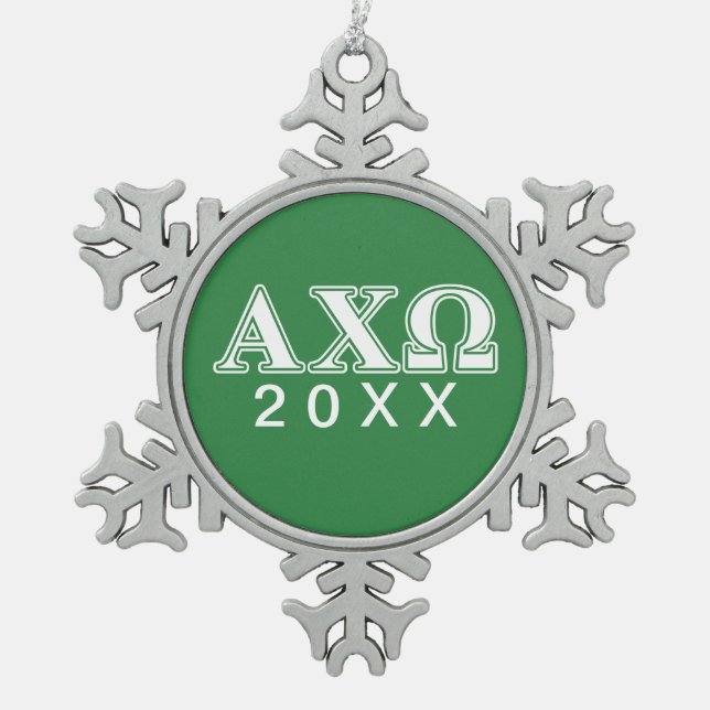 Alphi Chi Omega White and Green Letters Snowflake Pewter Christmas Ornament (Front)