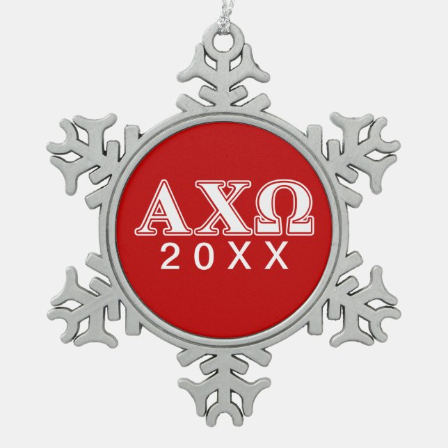 Alphi Chi Omega White and Red Letters Snowflake Pewter Christmas Ornament (Front)
